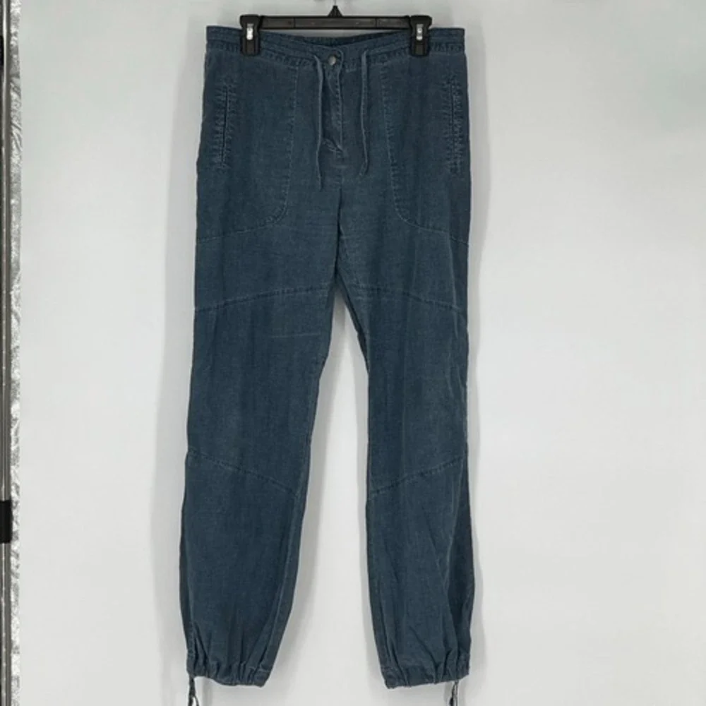 H&M L.O.G.G. Linen Jogger Pants Womens 10 Blue Drawstring Coastal Casual